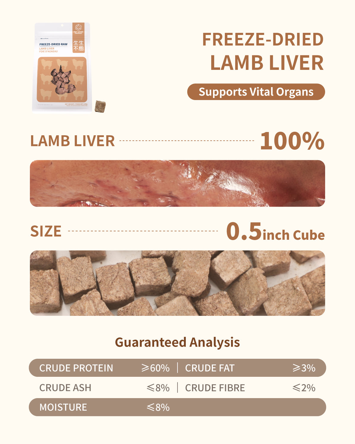 PET-EVER Freeze Dried Raw Cat & Dog Treats Freeze Dried Lamb Liver,Whole Cut Raw Treats for Heart, Coat & Immune Health